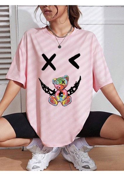 Ayıcık x Baskılı Kadın / Kız Oversize Salas T-Shirt Boyfriend