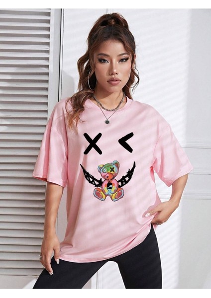 Ayıcık x Baskılı Kadın / Kız Oversize Salas T-Shirt Boyfriend modelleri