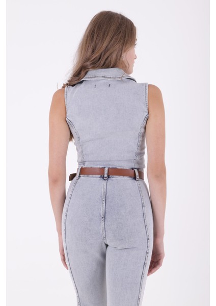 Dekoratif Kemer Detaylı ve Kolsuz Fermuarlı Rahat Kot Kadın Tulum Kar Yıkama Açık Mavi Denim modelleri