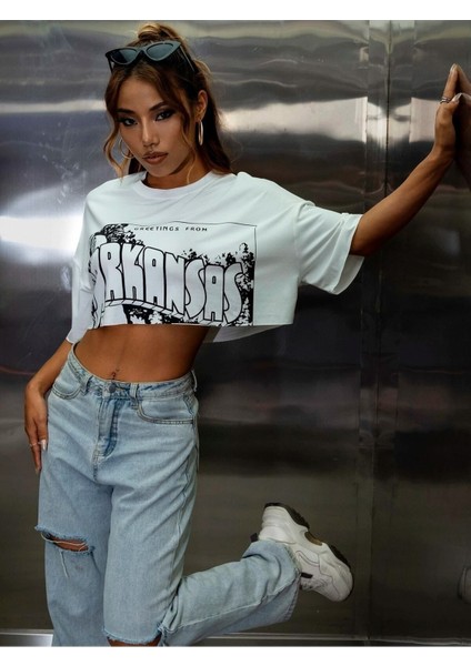 Kadın / Kız Crop Oversize Arkansas Baskılı Kısa