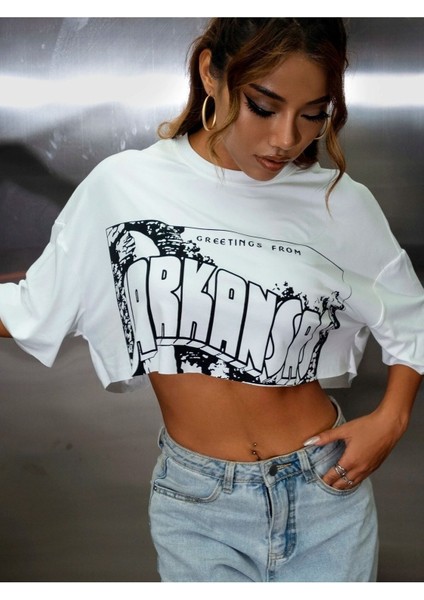 Kadın / Kız Crop Oversize Arkansas Baskılı Kısa