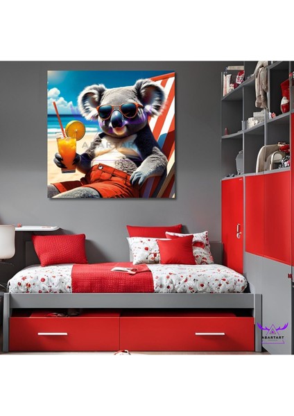 Tekli Kare Kanvas Sahilde Güneşlenip Kokteyl Içen Koala Tasarımı