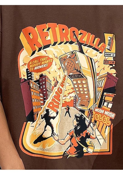 Retro Baskılı Kadın / Kız Oversize Kahverengi T-Shirt fiyatları