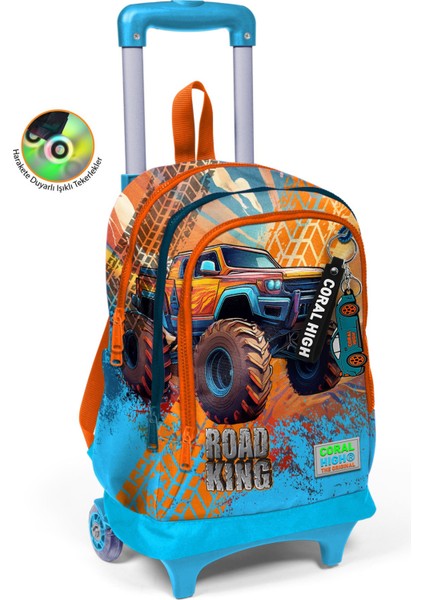 Kids Mavi Turuncu High Wheels Truck Desenli Üç Bölmeli Çekçekli Okul Sırt Çantası 23978