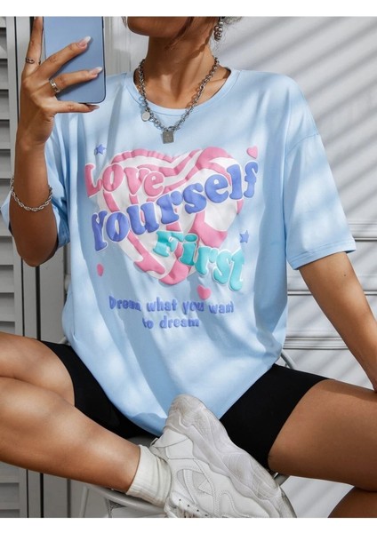 Kadın / Kız Love Yourself Baskılı Bebek Mavisi Oversize T-Shirt Salaş Boyfirend