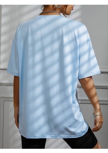 Kadın / Kız Love Yourself Baskılı Bebek Mavisi Oversize T-Shirt Salaş Boyfirend modelleri