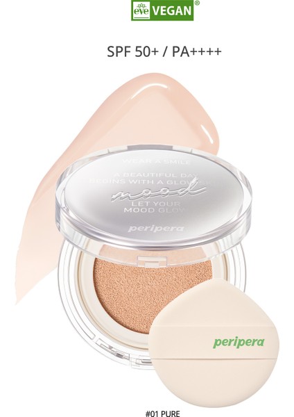 Doğal Işıltı Sağlayan Vegan Cushion PERIPERA Mood Vegan Glow Cushion SPF50+ PA++++ (1 Pure)