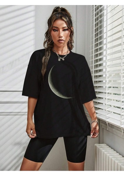 Kadın / Kız Ay Baskılı Siyah Oversize T-Shirt Salaş Boyfirend fiyatları