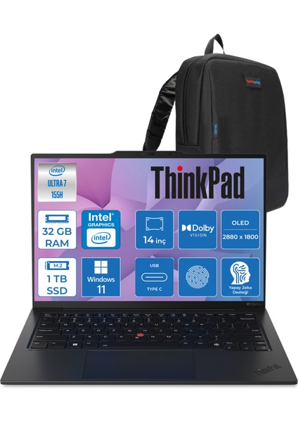 Thinkpad X1 Carbon GEN12 Intel® Core™ Ultra 7 155U 32 GB 1 Tb SSD Windows 11 Pro 4g(Esım) 14'' 2.8k (2880X1800) OLED 400NITS Dokunmatik Dizüstü Bilgisayar X21KC006BTX03 +Zetta Çanta