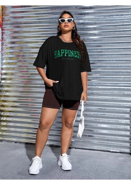 Happıness Baskılı Kadın / Kız Oversize Salas T-Shirt Boyfirend