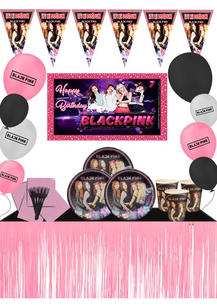 Metalize Masa Etekli 16 Kişilik Afişli Blackpink Doğum Günü Parti Süsleri Süsleme Seti