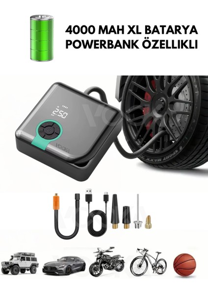 Yeni 4000 Mah Şarjlı Hava Pompası Araç Lastik, Bisiklet, Top Şişirme Oto Hava Kompresörü Powerbank