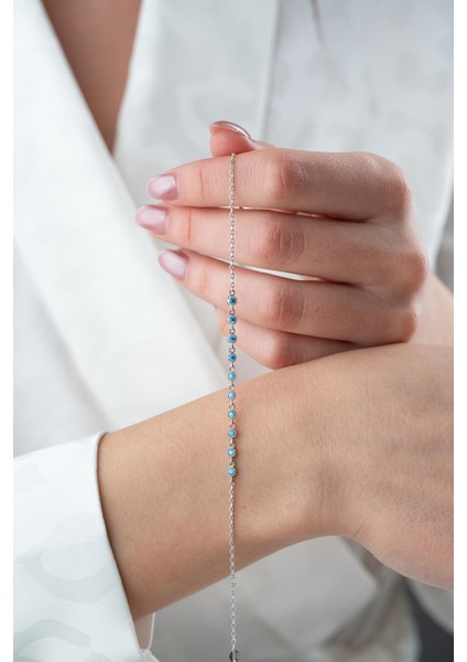 925 AyarGümüş Rodyum Kaplama Minik Sıralı Aquamarin Taşlı Bileklik