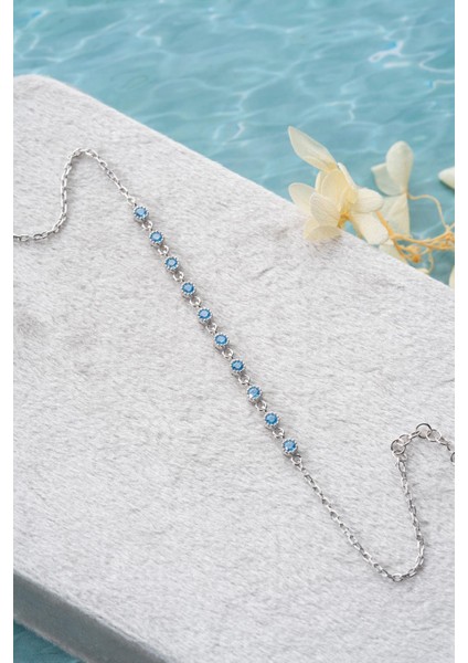 925 AyarGümüş Rodyum Kaplama Minik Sıralı Aquamarin Taşlı Bileklik indirimleri