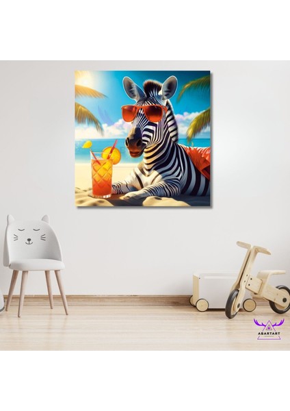 Tekli Kare Kanvas Sahilde Güneşlenip Kokteyl Içen Zebra Tasarımı