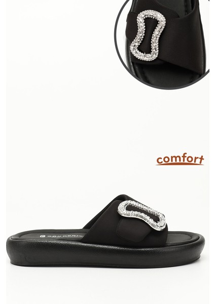 Kadın Siyah Scuba Kumaş Taşlı Tokalı Comfort Terlik