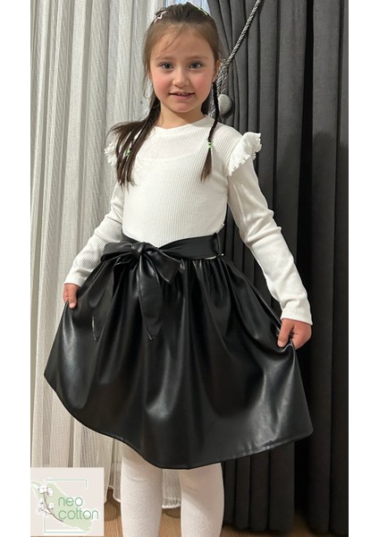 Deri Etekli Fırfırlı Omuz Detaylı Deri Kemerli Kız Çocuk Elbise fiyatları