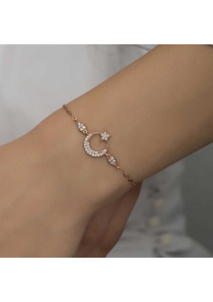 Gümüş Rose Ay Yıldız Kadın Bileklik CSR2184682