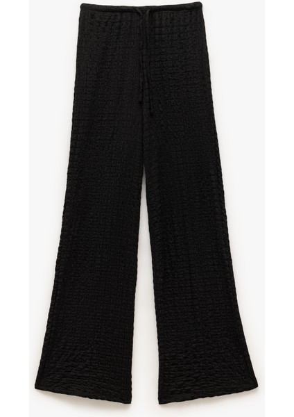 Beli Bağlamalı Dokulu Bol Düz Paça Pantolon