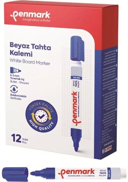 Beyaz Yazı Tahtası Kalemi Mavi Renk (12 Adet)