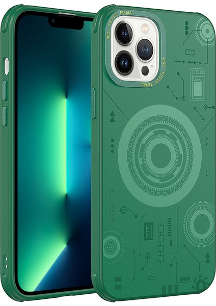 Apple iPhone 13 Pro Max Kılıf Zore Wireless Şarj Özellikli Desenli Hot Kapak-Koyu YEŞIL-868043669480