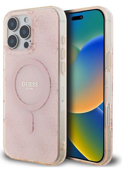 iPhone 16 Pro Kılıf Guess Lisanslı Magsafe Uyumlu Iml Baskılı Klasik Logolu 4g Desenli Kapak Pembe