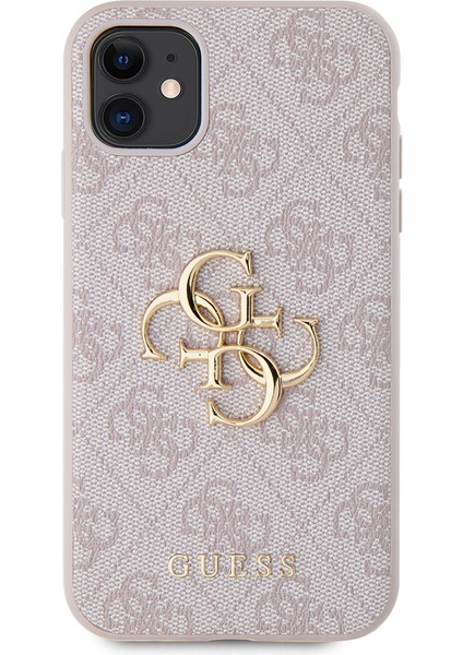 iPhone 11 Kılıf Pu Deri Büyük Metal Logo Dizaynlı Kapak Pembe modelleri