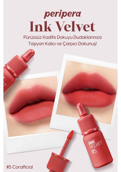 Yüksek Pigmentli, Kadife Görünümlü, Gün Boyu Kalıcı Tint PERIPERA Ink Velvet (5 Coralficial)