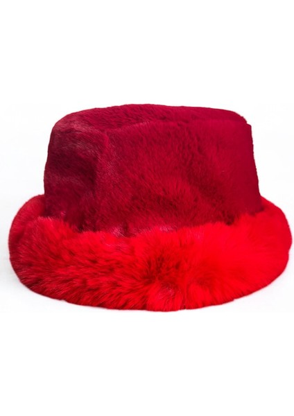 Kadın Düz Kırmızı Renkli Peluş Bucket Kova Şapka