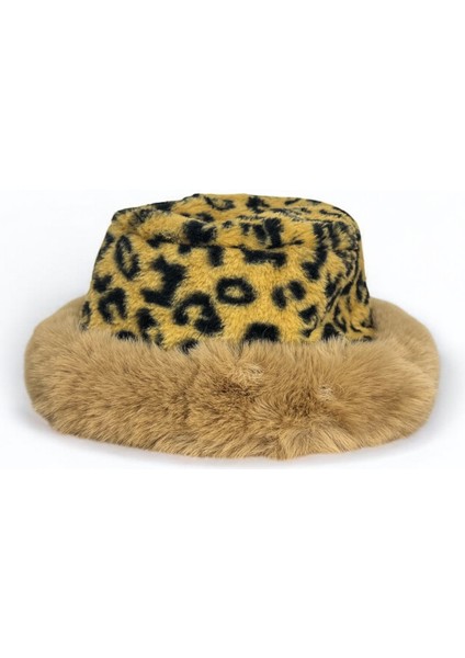 Kadın Leopar Desenli Kahverengi Peluş Bucket Kova Şapka