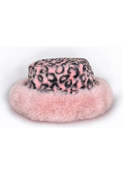 Kadın Leopar Desenli Pembe Renkli Peluş Bucket Kova Şapka