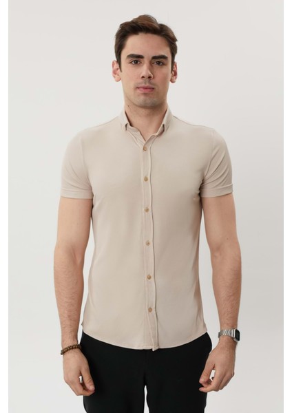 Erkek Çok Likralı Bej Kısa Kol Gömlek