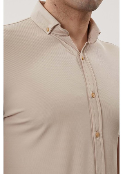 Erkek Çok Likralı Bej Kısa Kol Gömlek fiyatları