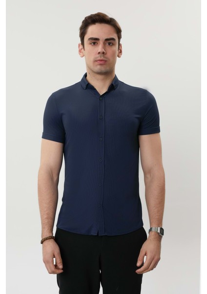 Erkek Çok Likralı Lacivert Kısa Kol Gömlek