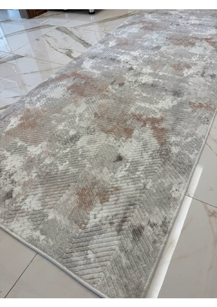 Kaymaz Tabanlı Yıkanabilir Jel Kesme Halı Yolluk Kabartmalı Krem Pembe Prime Halı Yolluk