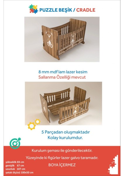 Puzzle Beşik,demonte Ahşap Beşik, 100X50 cm Yükseklik 82 cm fiyatları
