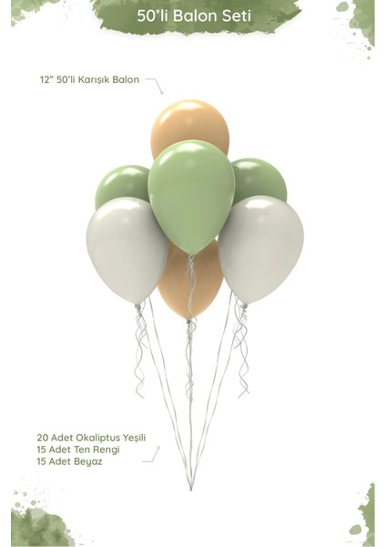 Okaliptus Temalı Balon Seti - 12" Pastel Okaliptus Yeşili, Ten ve Beyaz Karışık Balon - 50 Adet
