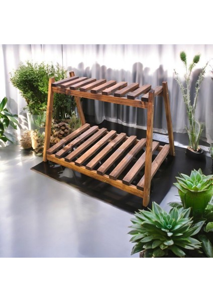 2 Katlı Ahşap Bahçe Mobilyası Sehpa Çiçeklik Saksılık 2 Raflı Masif Koyu Naturel