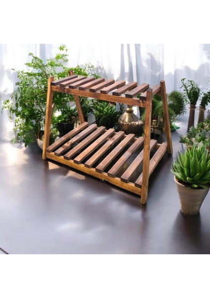 2 Katlı Ahşap Bahçe Mobilyası Sehpa Çiçeklik Saksılık 2 Raflı Masif Koyu Naturel fiyatları