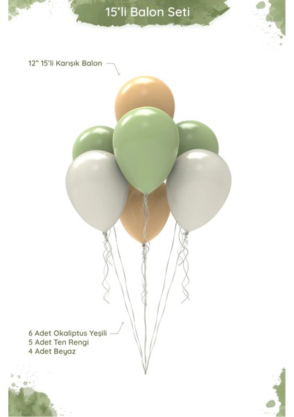 Okaliptus Temalı Balon Seti - 12" Pastel Okaliptus Yeşili, Ten ve Beyaz Karışık Balon - 15 Adet