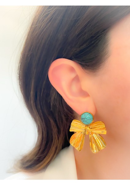 Çelik Küpe Firüze Taşlı Fiyonk Küpe