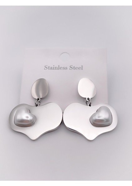 Çelik Küpe İnci Detaylı Plaka Kalp Küpe fiyatları