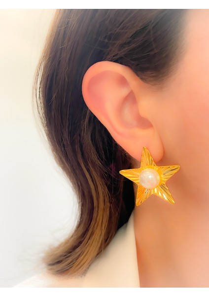 Çelik Küpe Tasarım İncili Yıldız Küpe