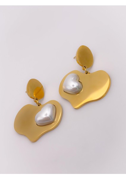 Çelik Küpe İnci Detaylı Plaka Kalp Küpe modelleri