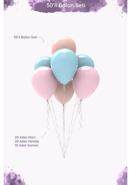 Cinsiyet Partisi Balon Seti - Mavi, Pembe ve Somon Renklerinde Karışık Balon Seti - 50 Adet