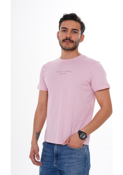 Erkek Pamuklu Pembe Nakış Detaylı Bisiklet Yaka Tişört