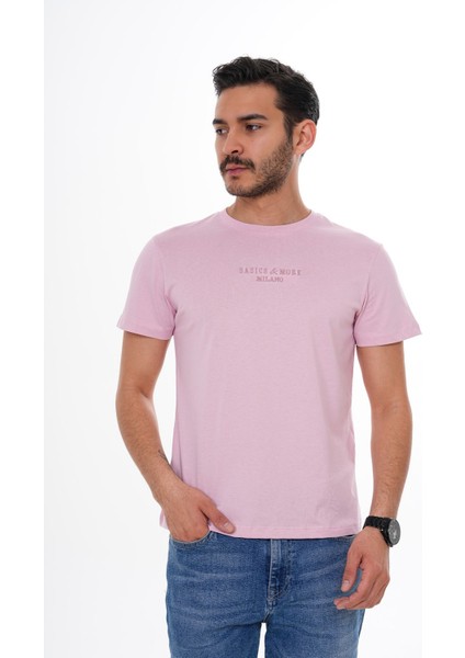 Erkek Pamuklu Pembe Nakış Detaylı Bisiklet Yaka Tişört