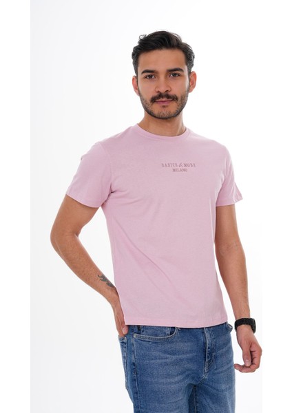 Erkek Pamuklu Pembe Nakış Detaylı Bisiklet Yaka Tişört