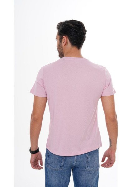 Erkek Pamuklu Pembe Nakış Detaylı Bisiklet Yaka Tişört