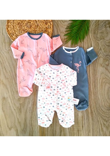 Kız Bebek Flamingo Temalı %100 Pamuklu Kız Bebek 3lü Tulum Seti BBK5897